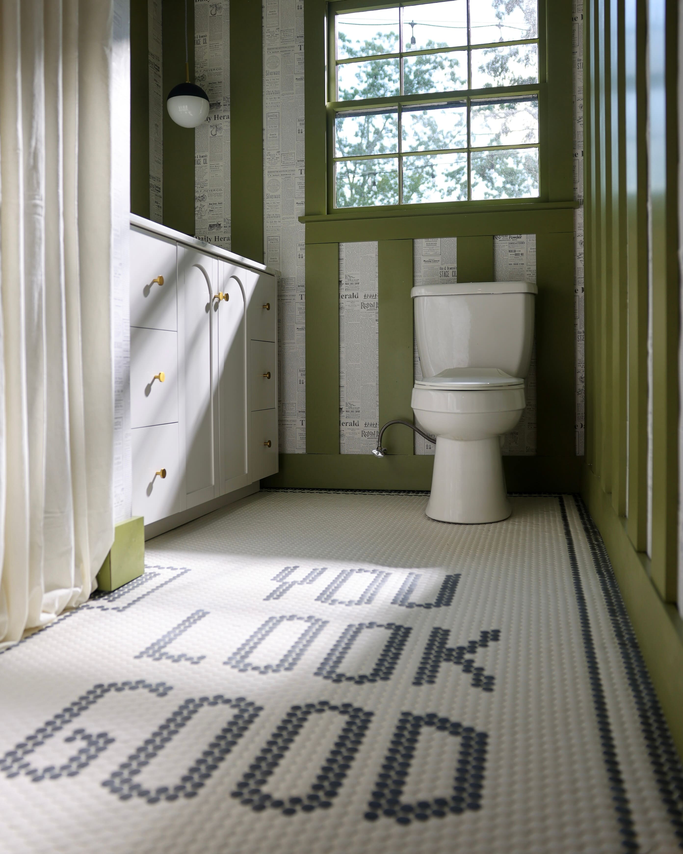 DIY Bathroom Renovation Fresh Look With Penny Tile, a Fun Wall